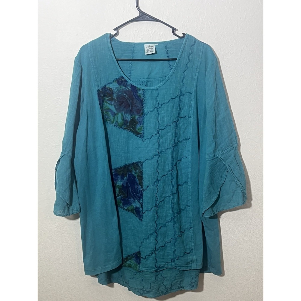Parsley & Sage Teal Patchwork Womens 2XL Tunic Artsy Abstract Boho Flowy